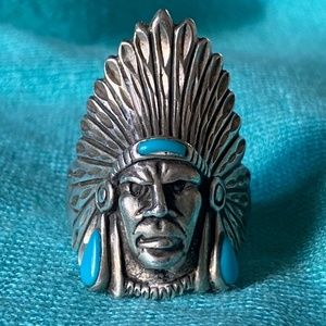 Sterling & Turquoise Ring I Native American Indian Chief in Feathered Headdress